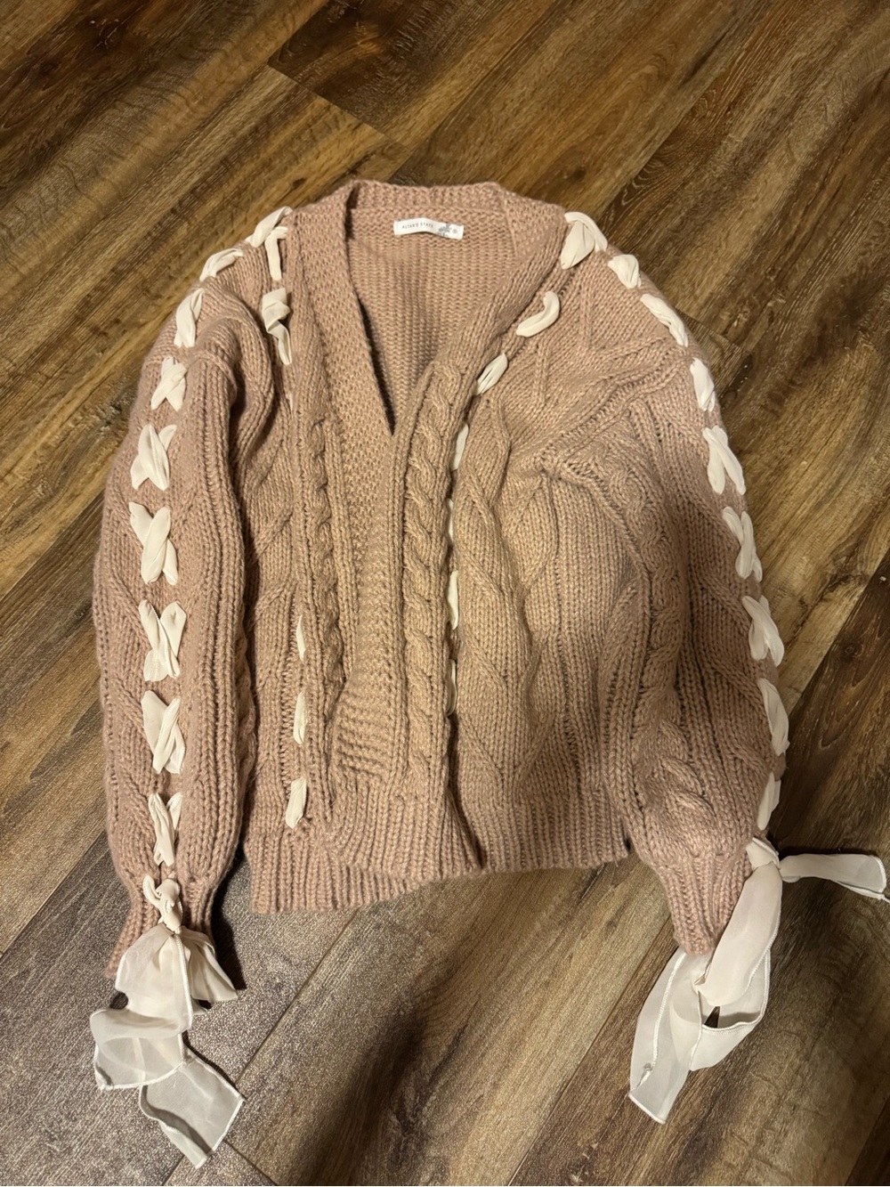Altar'd State Blush Pink Cable Knit Sweater with Ribbon Details